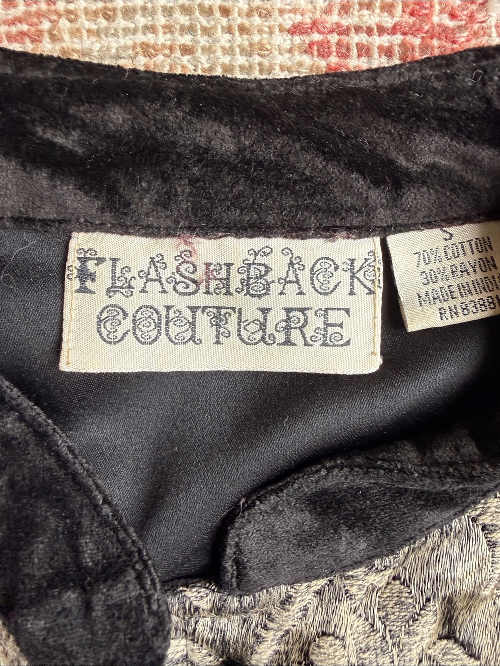 Vintage 90s Patchwork brocade whimsigoth Black and Gray Velvet-Trim Blazer - Picture 3 of 4